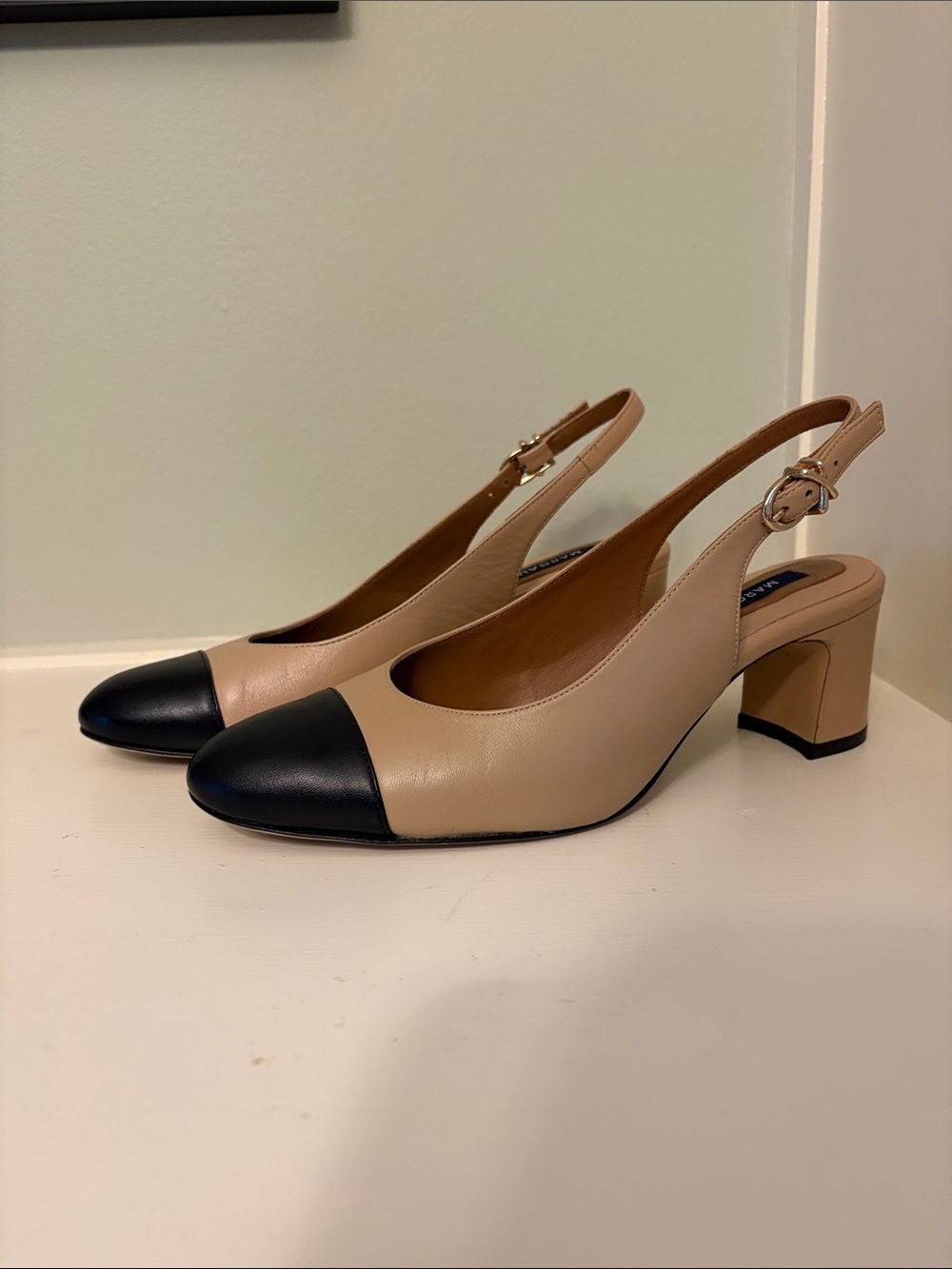 Margaux NY Beige and Black Two-Tone  Cap Toe Slingback Block Heel Pumps